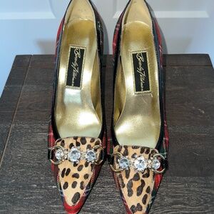 Beverly Feldman Red Plaid Leopard Patent Leather Pumps